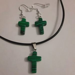 Handmade Malachite Cross Necklace and Earrings